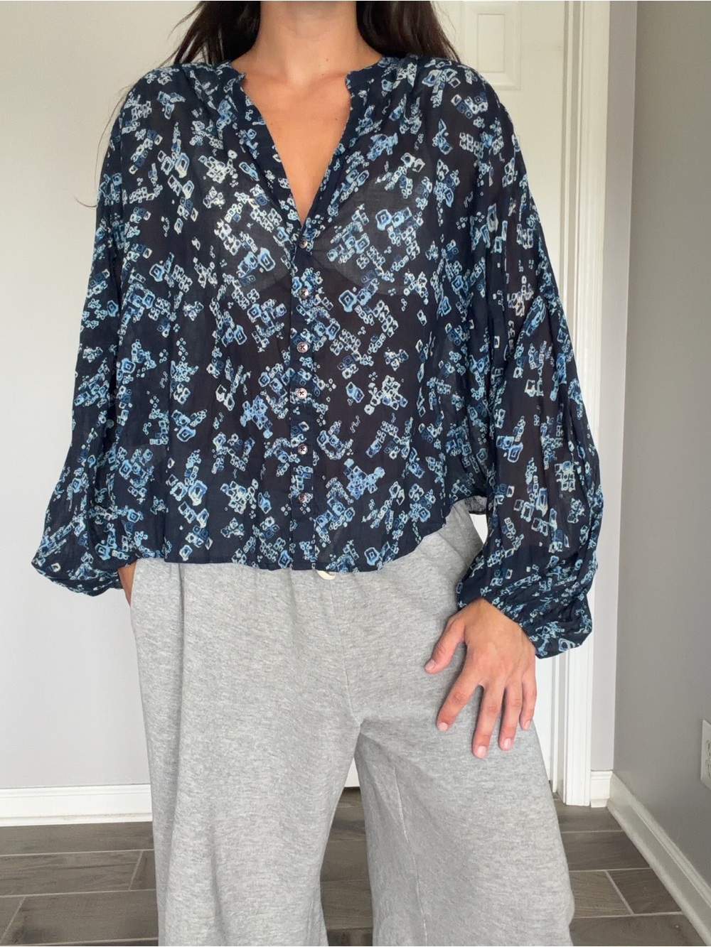 Free People Blue geometric boho sheer blouse tagged size XS